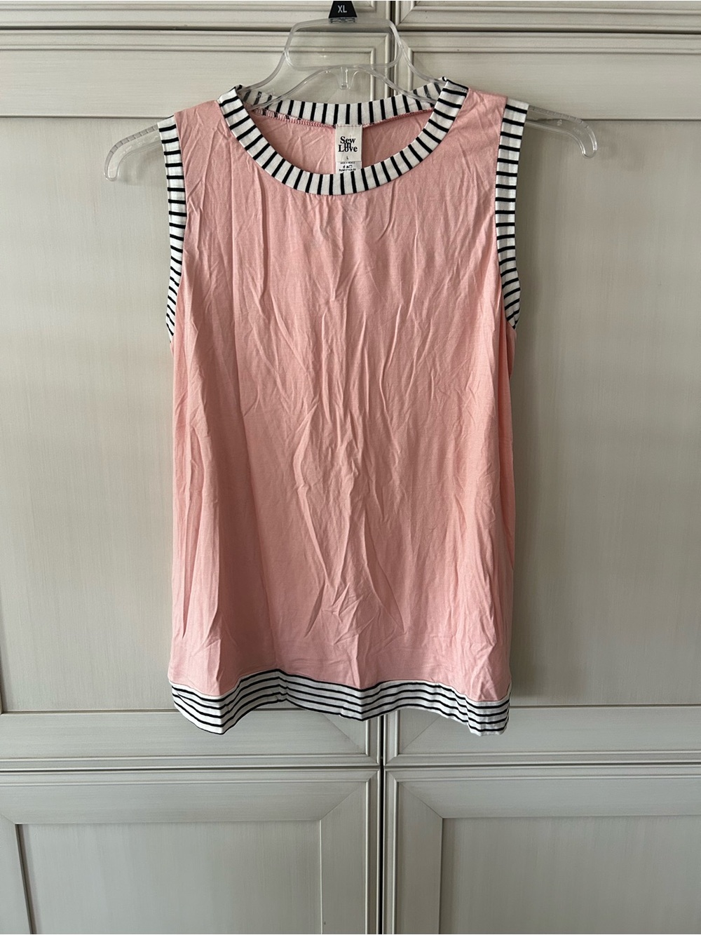 Sew In Love Peach Tank with Black-and-White Striped Trim